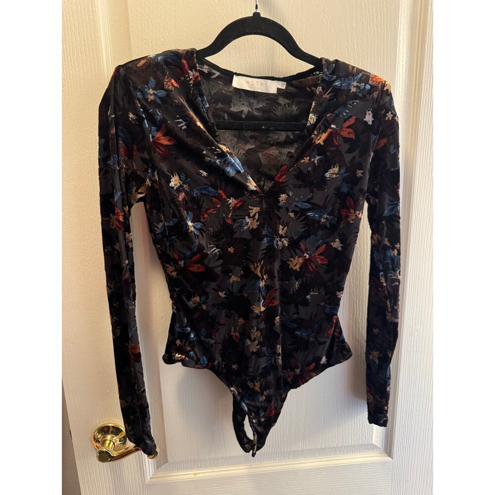 ASTR The Label Floral Mesh Bodysuit Long Sleeve Velvet Romantic Style Size S
